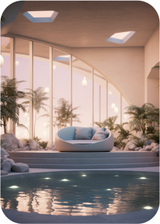 Ambiente da Calmaria Spa com poltrona, plantas e uma piscina.